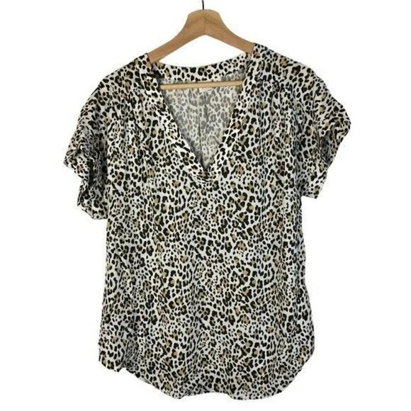 Gap White & Brown Leopard Print V-Neck Short Sleeve Blouse M - Picture 1 of 3